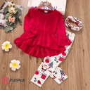 Patpat-3-piece Toddler Girl Ruffle Hem Long Bell sleeves Red Top, Santa Christmas Tree Print Pants and Scarf Set-3nb13-19936318