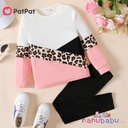 Patpat-2pcs Kid Girl Leopard Print Colorblock Long-sleeve Tee and Black Leggings Set-3nb18-2043645