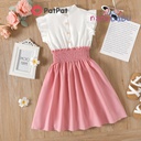 Patpat-Kid Girl Button Design Smocked Splice Ruffled Flutter-sleeve Dress-3nb13-20407200