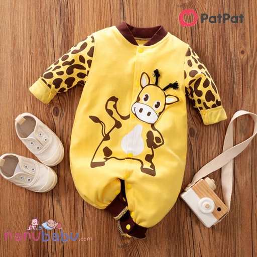 Patpat-100% Cotton Giraffe Print Long-sleeve Yellow Baby Jumpsuit-3nb22-1927152