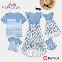 Patpat-Family Matching Light Blue V Neck Flutter-sleeve Splicing Floral Print Irregular Hem Dresses and Striped T-shirts Sets(Women Medium)-3nb21-20391513