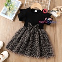 Patpat-Toddler Girl Trendy Leopard Print Mesh Splice Short-sleeve Dress-3nb15-20571365