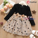 Patpat-Toddler Girl Stars Glitter Design Mesh Splice Belted Long-sleeve Dress-3nb14-20275057
