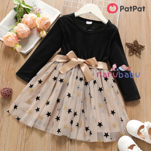 Patpat-Toddler Girl Stars Glitter Design Mesh Splice Belted Long-sleeve Dress-3nb14-20275057