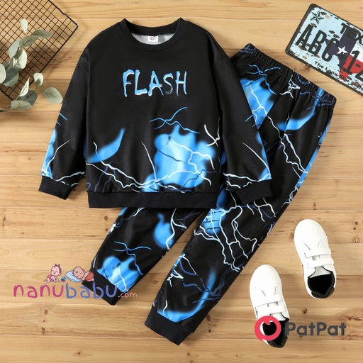 Patpat-2pcs Kid Boy Letter Flash Print Pullover Sweatshirt and Elasticized Pants Set 3NB15-2053974