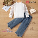 Patpat-2pcs Toddler Girl Trendy Irregular Cuff Denim Jeans and Mesh Sleeve Tee Set-3nb14-20549352