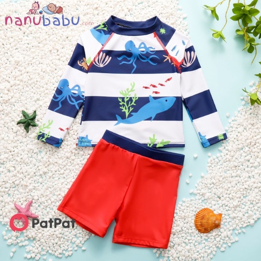 Patpat-2pcs Toddler Boy Playful Shark Print Striped Top and Trunks Swimsuit-3nb18-2059782