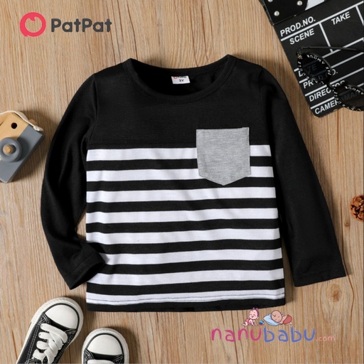 Patpat-Toddler Boy Stripe Splice Chest Pocket Decor Long-sleeve Tee-3nb19-2021547