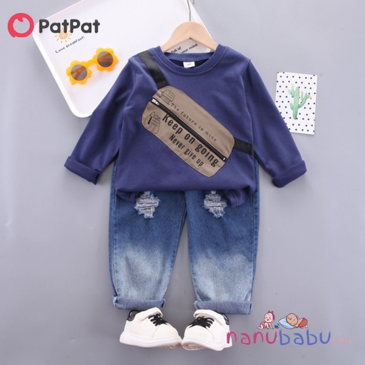 Patpat-2pcs Toddler Boy Trendy Ripped Denim Jeans and Zipper Pocket Design Sweatshirt Set-3nb15-20534327