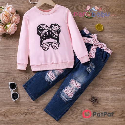Patpat-2pcs Toddler Girl Trendy Patchwork Ripped Denim Jeans and Figure Print Sweatshirt Set-3nb15-20524173
