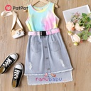 Patpat-2pcs Kid Girl Tie Dye Cotton Tank Top and Raw Hem Belted Denim Skirt Set 3nb16-20205922