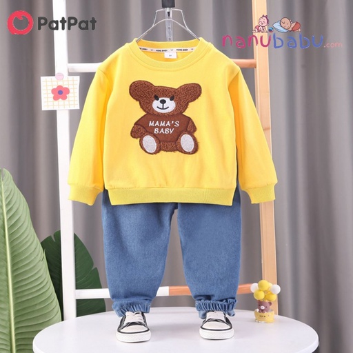 Patpat-2pcs Toddler Boy Plauful Denim Jeans and Bear Embroidered Sweatshirt Set 3nb16-2051028