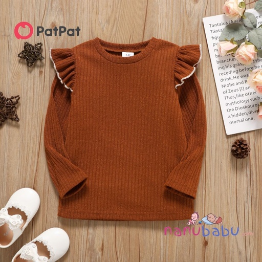 Patpat-Toddler Girl Ruffled Ribbed Long-sleeve Tee-3nb22-20157628