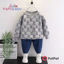 Patpat-2pcs Toddler Boy Trendy Denim Jeans and Bear Print Sweatshirt Set - 3nb17 - 20533046