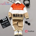 Patpat-2pcs Toddler Boy Trendy Letter Print Colorblock Sweatshirt and Pants Set-3nb14-20466425