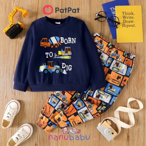 Patpat-2pcs Toddler Boy Letter Excavator Print Pullover Sweatshirt and Elasticized Pants Set - 3nb17 - 2054097