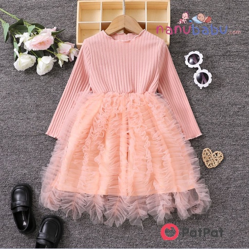 Toddler Girl Sweet Ruffled Mesh Splice Long-sleeve Pink Dress-3nb14-20497684
