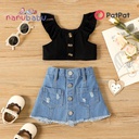 2pcs Baby Girl Button Front Sleeveless Ribbed Crop Top and Raw Hem Ripped Denim Skirt Set-3nb14-20581373