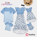 Patpat-Family Matching Light Blue V Neck Flutter-sleeve Splicing Floral Print Irregular Hem Dresses and Striped T-shirts Sets(Men: Large)-3nb21-20340751