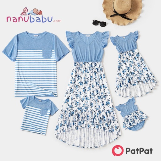 Patpat-Family Matching Light Blue V Neck Flutter-sleeve Splicing Floral Print Irregular Hem Dresses and Striped T-shirts Sets(Men: Large)-3nb21-20340751