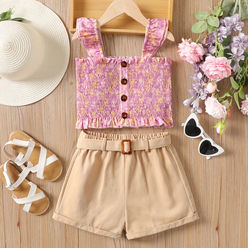 2pcs Kid Girl Shirred Floral Flutter-sleeve Top and Solid Shorts Set 5nb23-20604605