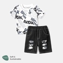 Naia 2pcs Toddler Boy Letter Print Short-sleeve Tee and Patchwork Ripped Denim Shorts Set - 5nb23 - 20594466