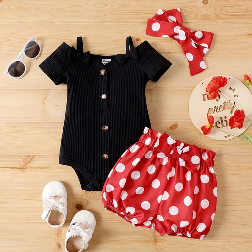 3pcs Baby Girl Black Cotton Ribbed Cold Shoulder Short-sleeve Button Front Romper and Polka Dots Print Short-sleeve & Headband Set - 5nb23 - 20560301