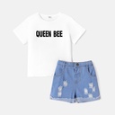 2pcs Kid Girl Letter Print Short-sleeve Tee and Ripped Denim Shorts Set - 5nb23 - 20589637