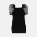 Kid Girl Square Neck Mesh Puff-sleeve Black Dress(5nb23-20582041)