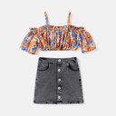 2Pcs Kid Girl Floral Print Cold Shoulder Camisole & Denim Skirt Set(5nb23-20600984))