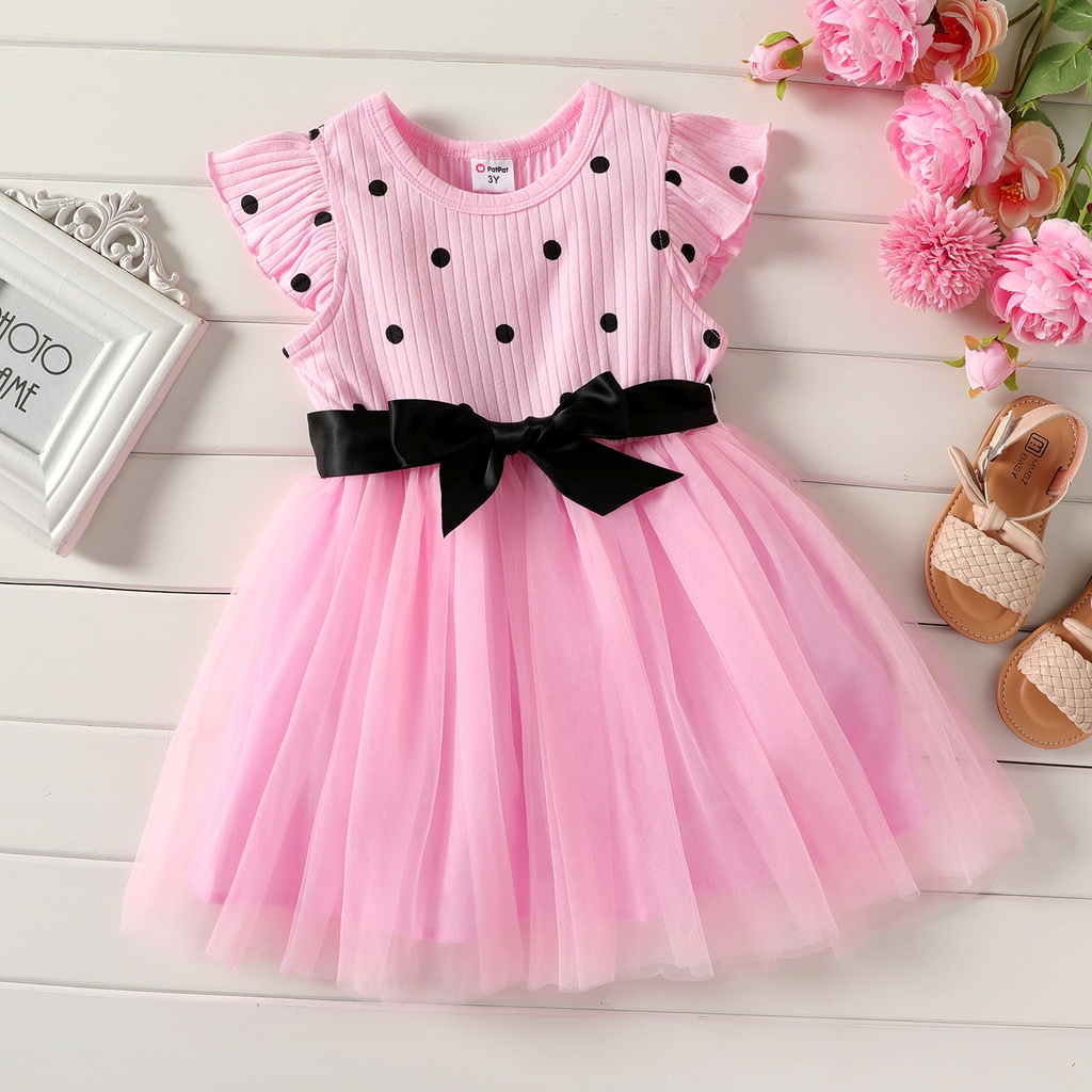 Toddler Girl Polka dots Ribbed Mesh Splice Flutter-sleeve Belted Dress(5nb23-20593098)