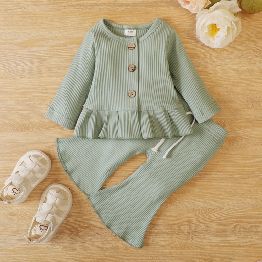 2pcs Baby Solid Ruffle Long-sleeve Button Down Ribbed Cotton Top and Bell Bottom Pants Set(5nb23-19916104)