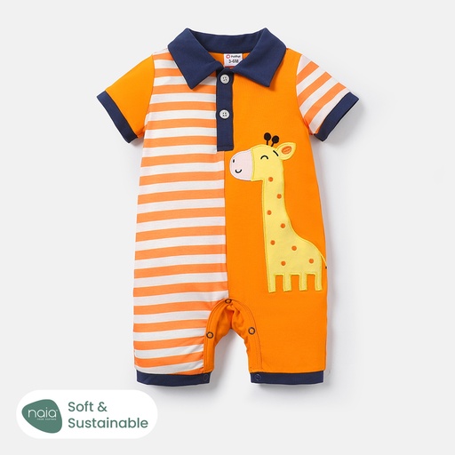Baby Boy Cotton Animal Embroidered Striped Polo Colar Naia Short-sleeve Romper(5nb23-20586335)
