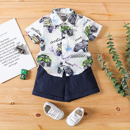 2pcs Baby Boy Vehicle Print Lapel Collar Shirt and Cotton Shorts Set(5nb23-20588798)