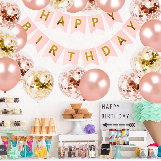 32Pcs Birthday Decor Balloons Set Rose Gold Balloons & Confetti Latex Balloons & Happy Birthday Banner (6nb30-20597100)