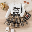 2pcs Toddler Girl Classic Ruffled Figure Print Tee and Plaid Layered Skirt Set (6nb30-20547404)