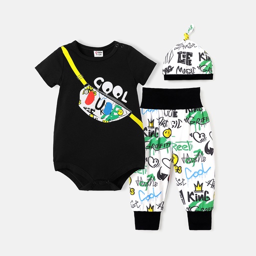 3pcs Baby Boy Cotton Short-sleeve Graphic Romper and Allover Print Pants & Hat Set (6nb30-20596160)
