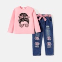 3pcs Kid Girl Figure Print Long-sleeve Tee and Belted Ripped Denim Jeans Set (6nb30-20598967)