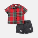 2pcs Baby Girl 100% Cotton Short-sleeve Plaid Shirt and Ripped Denim Shorts Set(6nb30-20585442)