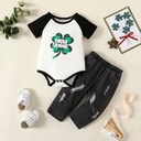 St. Patrick's Day 2pcs Baby Boy 95% Cotton Raglan Sleeve Graphic Romper and Ripped Jeans Set(6nb30-20570826)