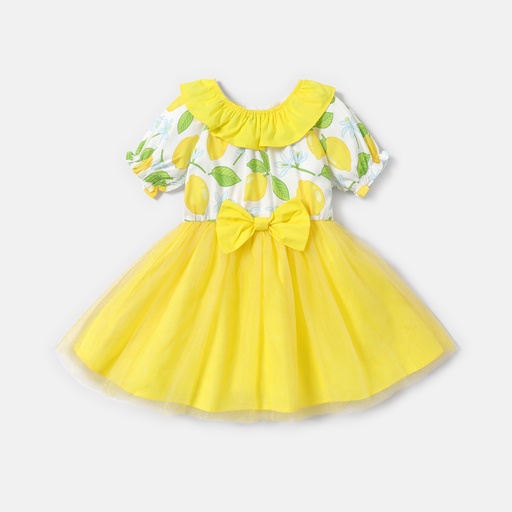 Toddler Girl Flounce Lemon Print Bows Design Mesh Splice Short-sleeve Dress(6nb30-20570154)