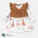 2pcs Baby Girl Allover Rabbit Print Long-sleeve Naia Dress and Bow Front Vest Set(6nb30-20578535)