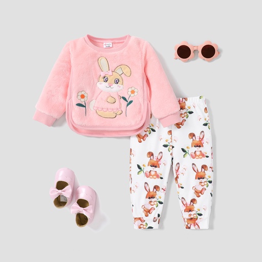 [WC7L-20734979] Baby Girl's 2pcs Rabbit Animal pattern Asymmetrical Hemline Fuzzy Sweatshirt and Pants Set