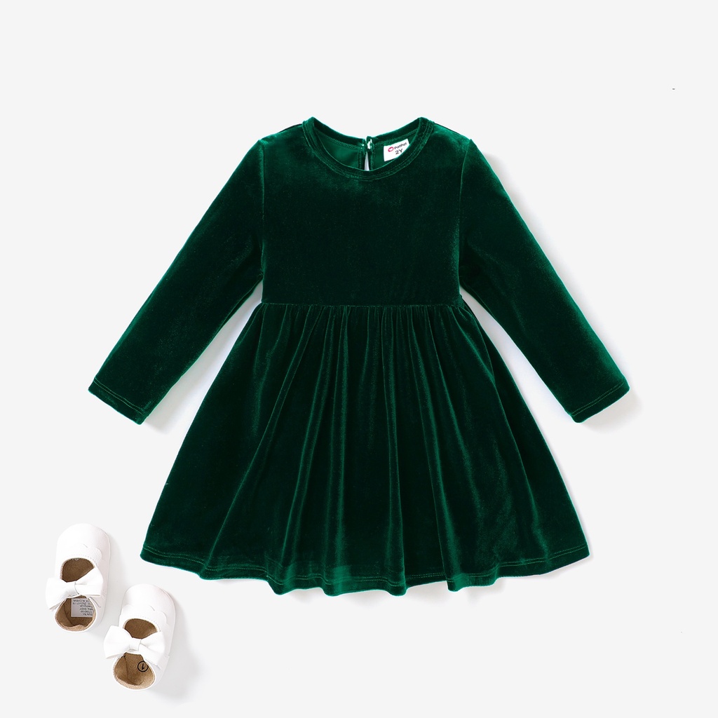 Green Christmas Sweet Toddler Girl Solid color Velvet material Dress Set |  NanuBabu.com