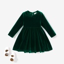 Green Christmas Sweet Toddler Girl Solid color Velvet material Dress Set