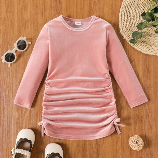 [WC7L-20480795] Toddler Girl Solid Color Velvet Ruched Bowknot Design Long-sleeve Dress