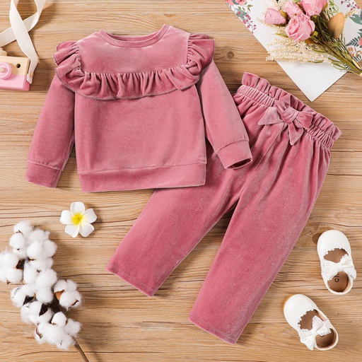 [WC7L-20503754] 2pcs Baby Girl Pink Velvet Ruffle Trim Long-sleeve Top and Bow Front Pants Set