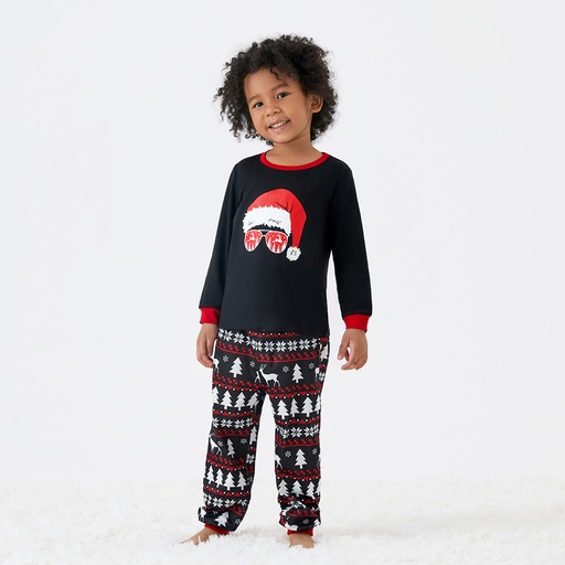 [WC7L-20712619] Christmas Family Matching Santa hats and Reindeers Print Long-sleeve Red Pajamas Sets (Flame Resistant)