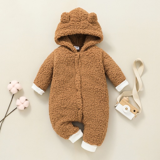 [WC7L-20165111] Baby Solid Thickened Fleece 3D Ears Hooded Long-sleeve Jumpsuit Snowsuit