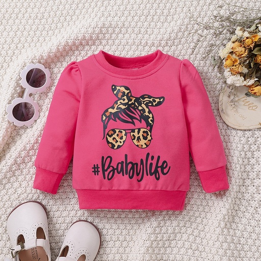 [WC7L-20489952] 100% Cotton Baby Girl Leopard Figure & Letter Print Puff-sleeve Sweatshirt